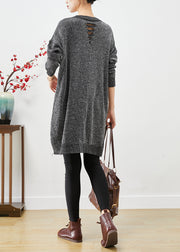 Italian Grey Oversized Letter Print Knit Sweater Dress Fall