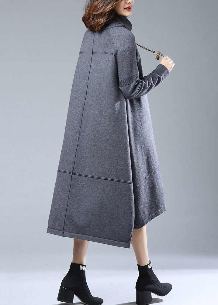 Italian Grey Turtleneck Low High Design Patchwork Woolen Dress Fall