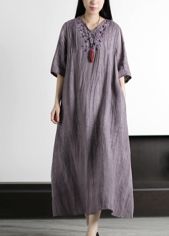 Italian Grey V Neck Embroidered Wrinkled Linen Long Dresses Half Sleeve
