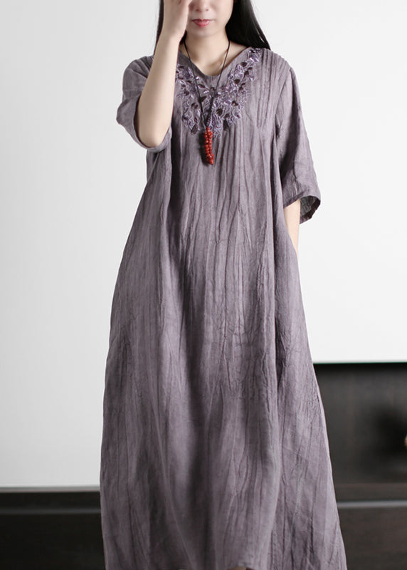 Italian Grey V Neck Embroidered Wrinkled Linen Long Dresses Half Sleeve