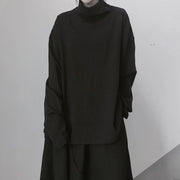 Italian High Neck Asymmetric Tops Women Blouses Fabrics Black Blouses - SooLinen