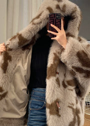 Italian Hooded Colorblock Button Pockets Fuzzy Fur Fluffy Coats Long Sleeve