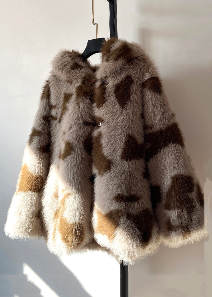 Italian Hooded Colorblock Button Pockets Fuzzy Fur Fluffy Coats Long Sleeve
