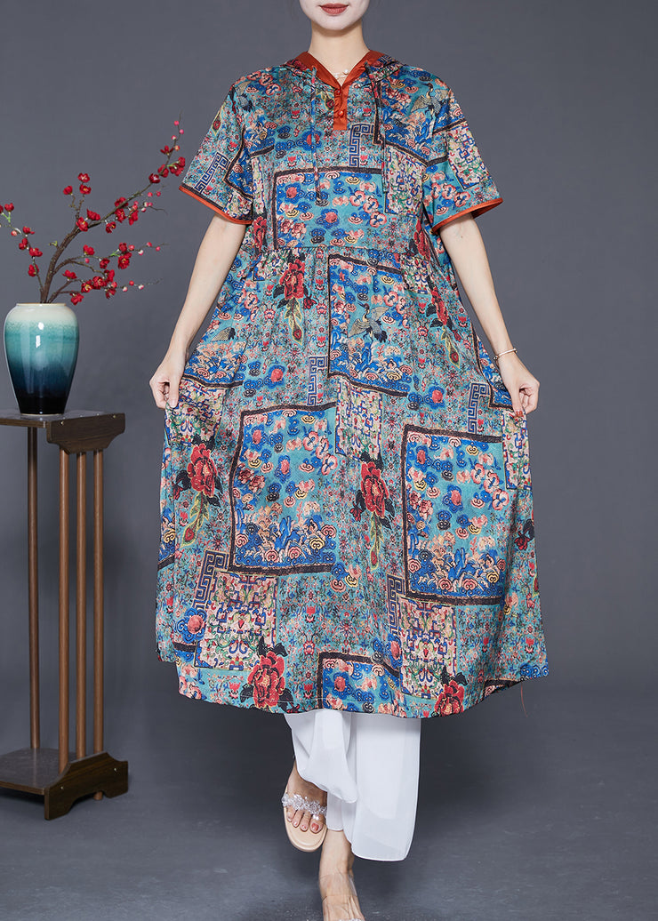 Italian Hooded Drawstring Print Silk Dress Summer