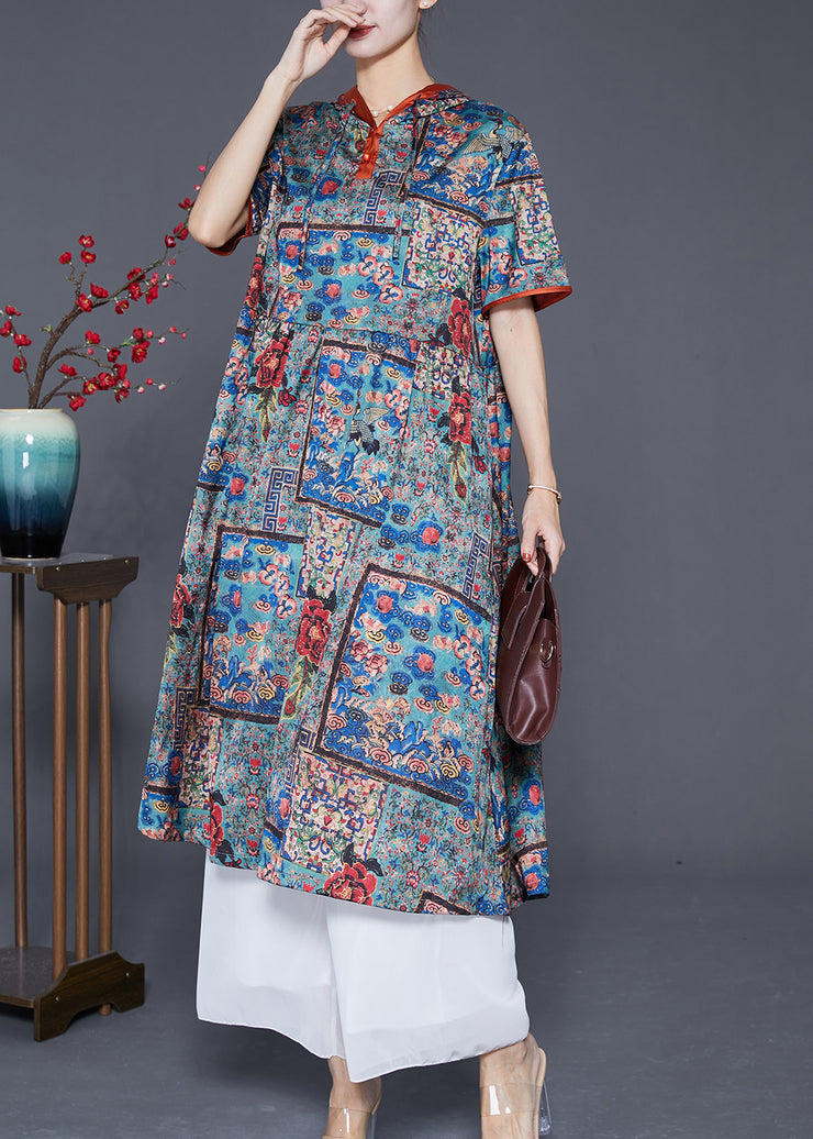 Italian Hooded Drawstring Print Silk Dress Summer