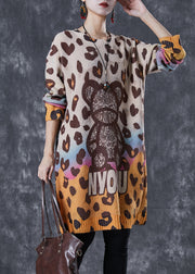 Italian Khaki Bear Print Mink Hair Knitted Dresses Fall