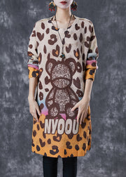 Italian Khaki Bear Print Mink Hair Knitted Dresses Fall