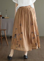 Italian Khaki Embroidered Exra Large Hem Linen Silk Skirts Spring