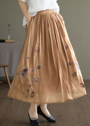 Italian Khaki Embroidered Exra Large Hem Linen Silk Skirts Spring