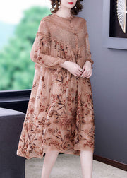 Italian Khaki Embroidered Patchwork Lace Silk Holiday Dress Spring