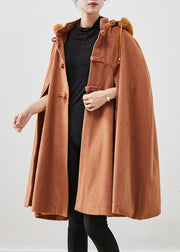 Italian Khaki Fur Collar Oversized Warm Fleece Coat Cloak Sleeves