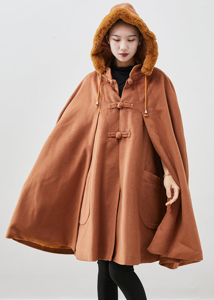 Italian Khaki Fur Collar Oversized Warm Fleece Coat Cloak Sleeves