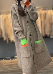 Italian Khaki Hooded Pockets Button Patchwork Cashmere Coat Fall
