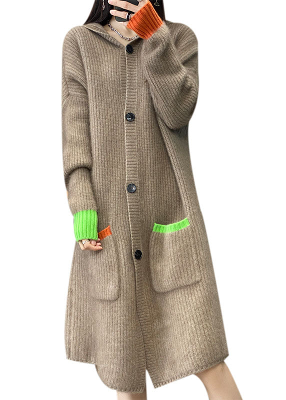 Italian Khaki Hooded Pockets Button Patchwork Cashmere Coat Fall