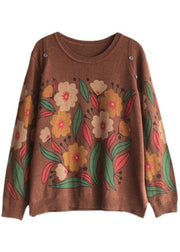 Italian Khaki O-Neck Print Button Fall Sweater - SooLinen