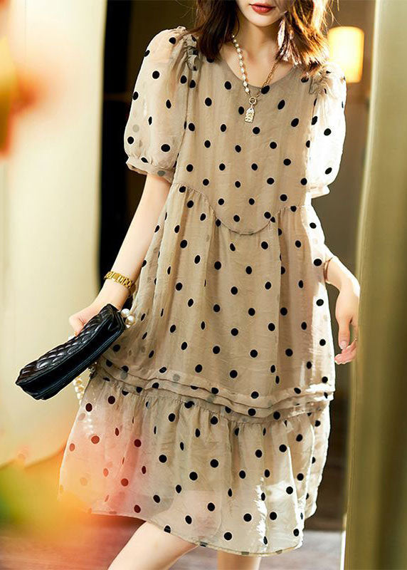 Italian Khaki O Neck Ruffled Dot Patchwork Chiffon Dresses Summer