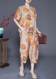 Italian Khaki Oversized Circle Print Cotton 2 Piece Outfit Summer
