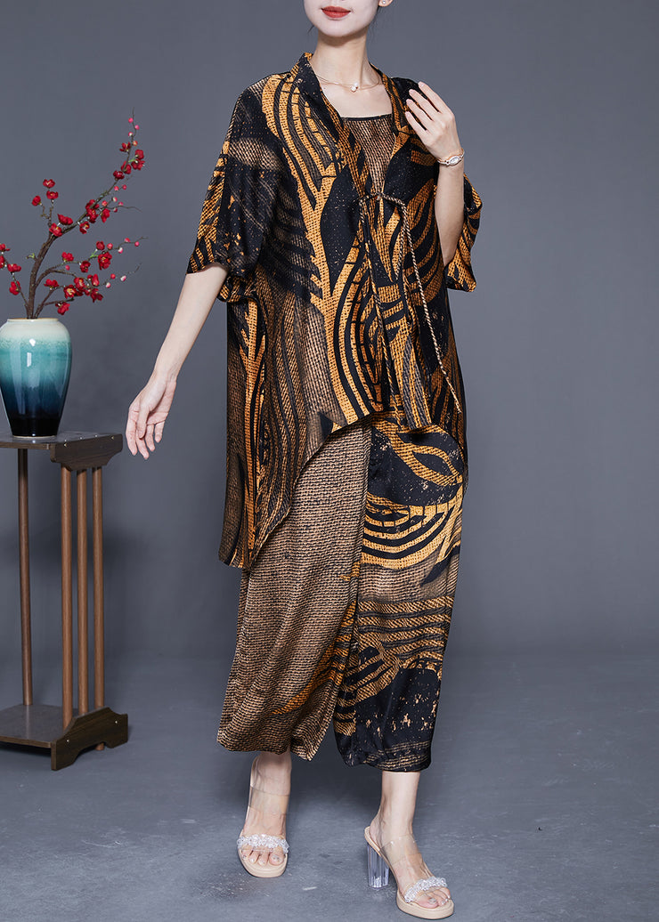 Italian Khaki Oversized Print Tassel Silk Three Piece Set Outfits Summer