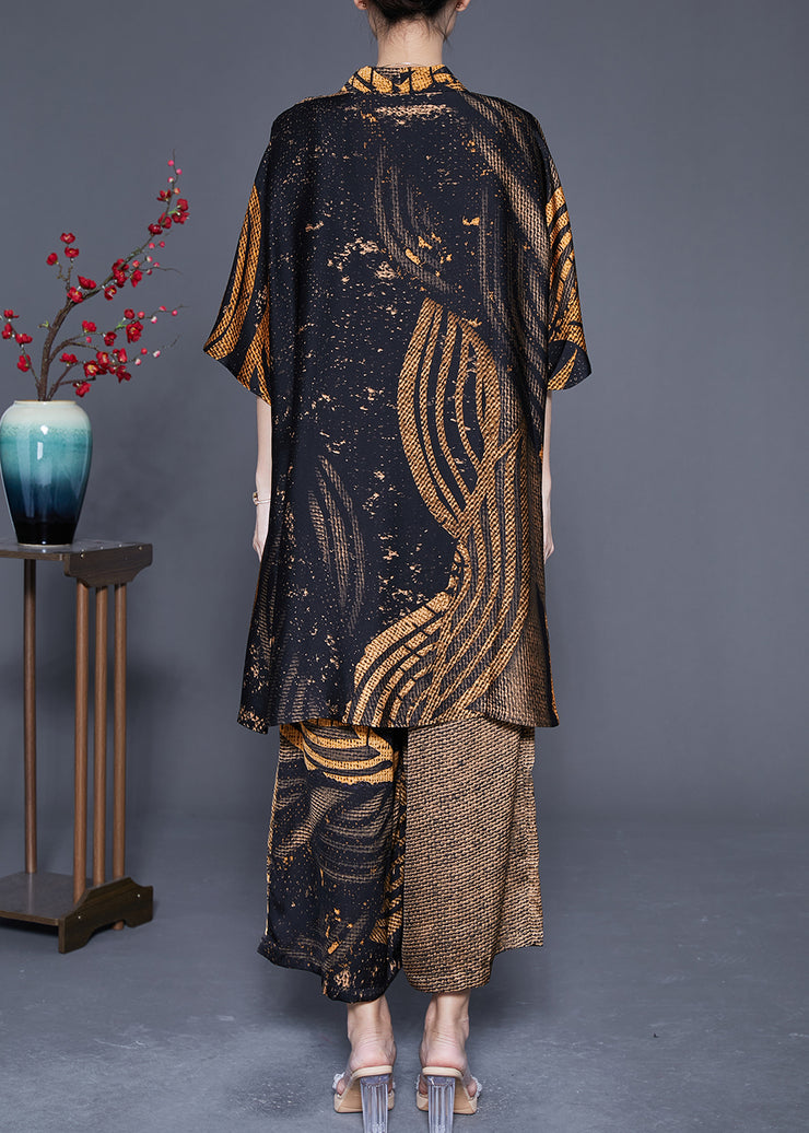 Italian Khaki Oversized Print Tassel Silk Three Piece Set Outfits Summer
