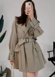 Italian Khaki Peter Pan Collar Double Breast Sashes Cotton Trench Outwear Fall