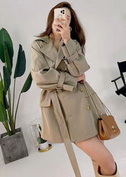 Italian Khaki Peter Pan Collar Double Breast Sashes Cotton Trench Outwear Fall