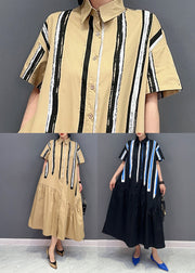 Italian Khaki Peter Pan Collar Patchwork Cotton Shirt Dress Summer