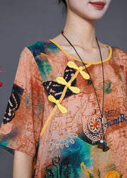 Italian Khaki Print Chinese Button Silk A Line Dress Summer