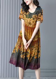 Italian Khaki Print Patchwork Wrinkled Silk Holiday Dress Summer