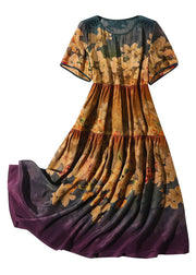 Italian Khaki Print Patchwork Wrinkled Silk Holiday Dress Summer