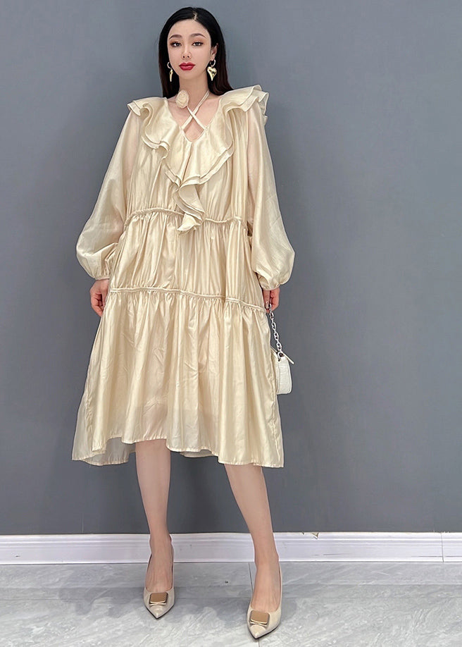 Italienisches Khaki Rüschen-Patchwork-zerknittertes langes Kleid mit langen Ärmeln