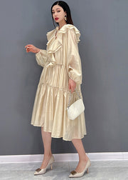 Italian Khaki Ruffled Patchwork Wrinkled Long Dress Long Sleeve