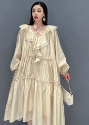 Italian Khaki Ruffled Patchwork Wrinkled Long Dress Long Sleeve