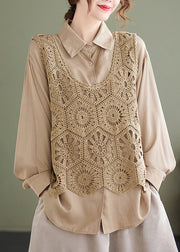 Italian Khaki U Neck Hollow Out Crochet Flower Vest Tops Sleeveless