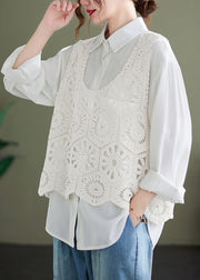 Italian Khaki U Neck Hollow Out Crochet Flower Vest Tops Sleeveless