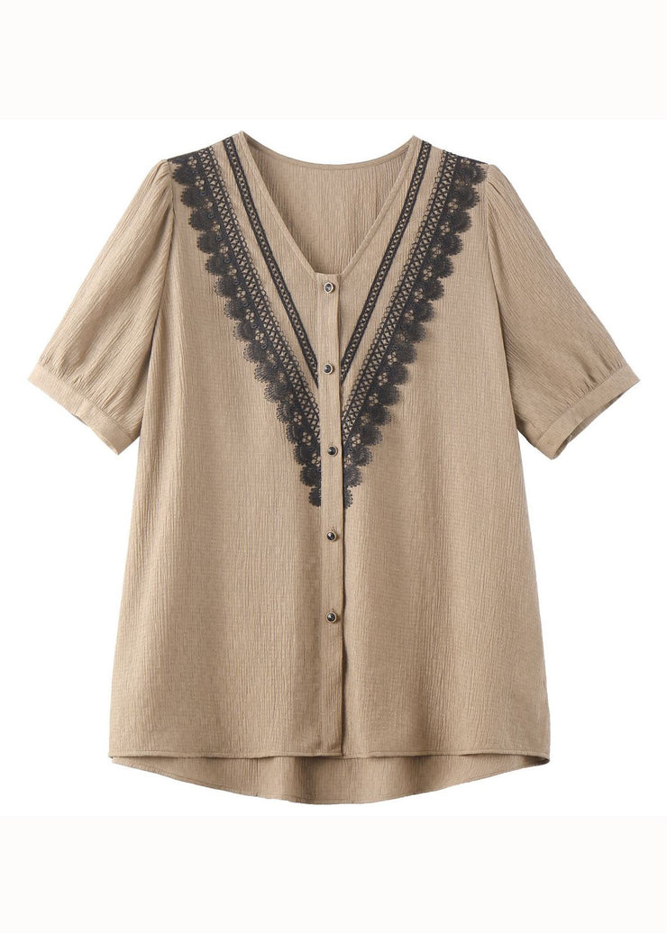 Italian Khaki V Neck Lace Button Patchwork Cotton Shirt Summer