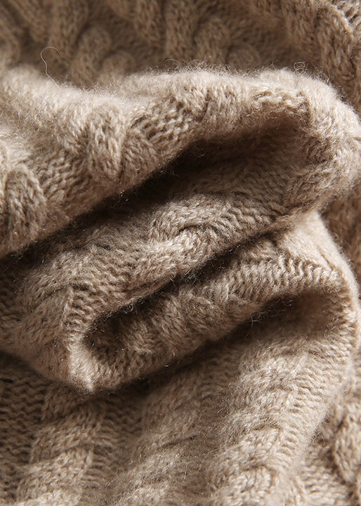 Italian Khaki V Neck Loose Woolen Cable Knit Sweaters Fall