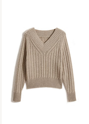 Italian Khaki V Neck Loose Woolen Cable Knit Sweaters Fall