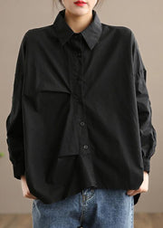 Italian Lapel Button Down Spring Blouse Design Black Shirts - SooLinen