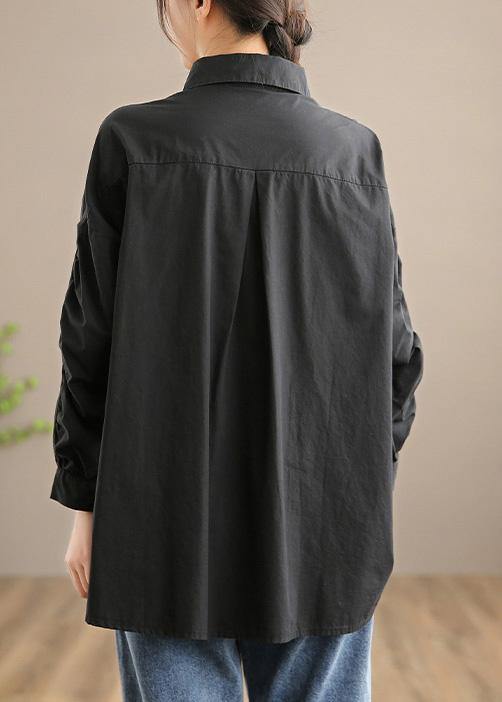Italian Lapel Button Down Spring Blouse Design Black Shirts - SooLinen