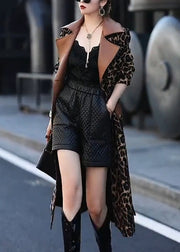 Italian Leopard Notched Tie Waist Cotton Long Trench Coat Fall
