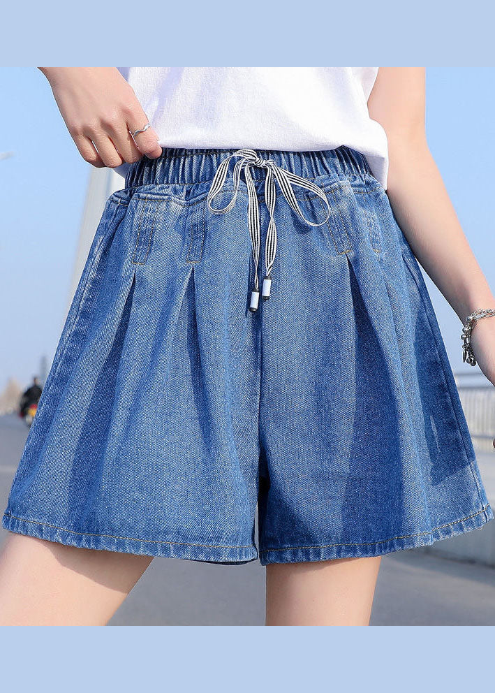 Italian Light Blue Elastic Waist drawstring Pockets Cotton Pleated Short Pants Summer