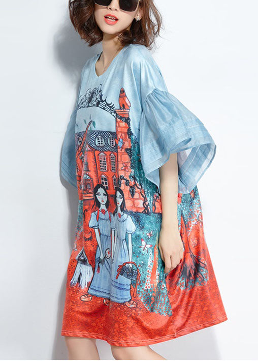 Italian Light Blue O-Neck Pocket Character Print Silk Mid Dresses Flare Sleeve