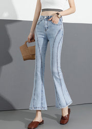 Italian Light Blue Slim Fit Pockets Patchwork Cotton Denim Flare Pants Summer