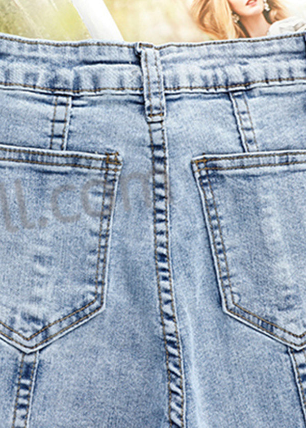 Italian Light Blue Slim Fit Pockets Patchwork Cotton Denim Flare Pants Summer