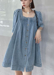 Italian Light Blue Square Collar Button Denim Summer Mini Dress - SooLinen