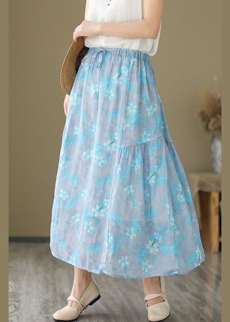 Italian Light Blue Wrinkled Print Elastic Waist Linen Skirt Summer