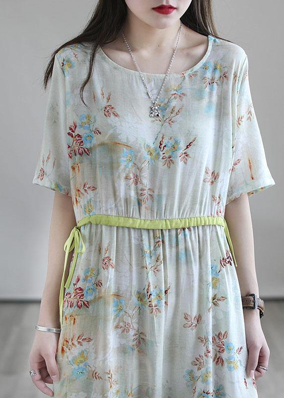 Italian Light Green Drawstring Patchwork Print Summer Cotton Vacation Dresses - SooLinen