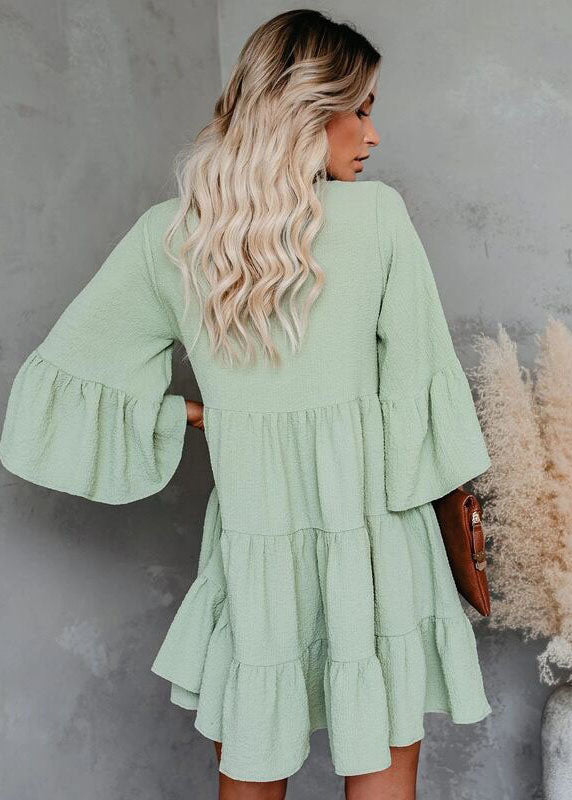 Italian Light Green Tasseled Patchwork Wrinkled Chiffon Dress Summer