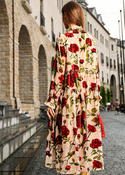 Italian Light Yellow Turtleneck Print Wrinkled Silk Velour Maxi Dress Long Sleeve