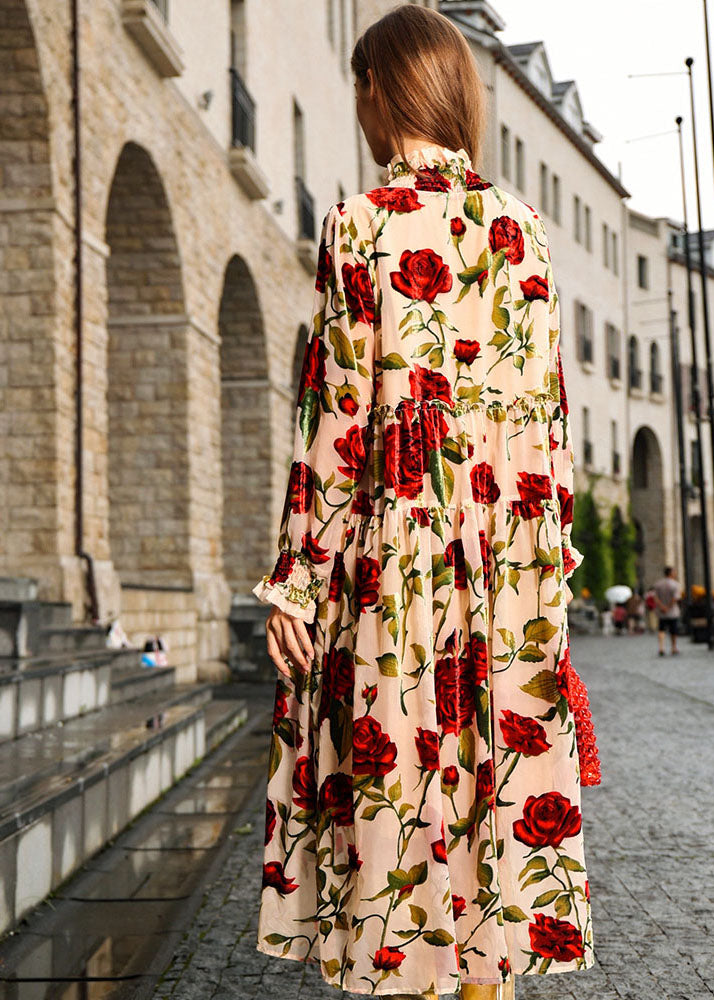 Italian Light Yellow Turtleneck Print Wrinkled Silk Velour Maxi Dress Long Sleeve